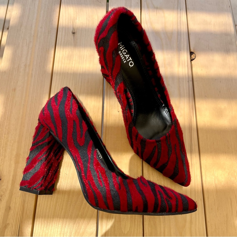 Migato Greece red zebra stripes heels, size 38